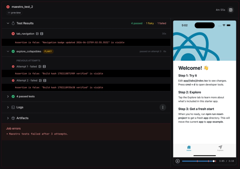 screenshot: the Test Results summary on a Maestro job