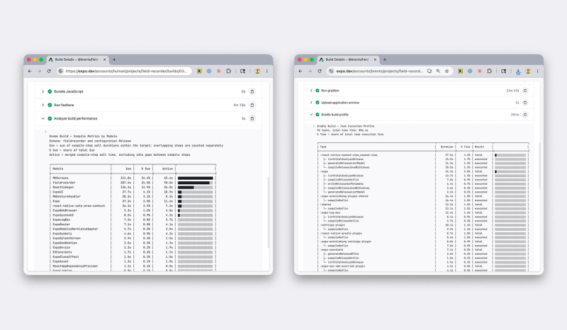 EAS Build dashboard showing per-module Xcode compile metrics on the left and a Gradle task execution profile on the right
