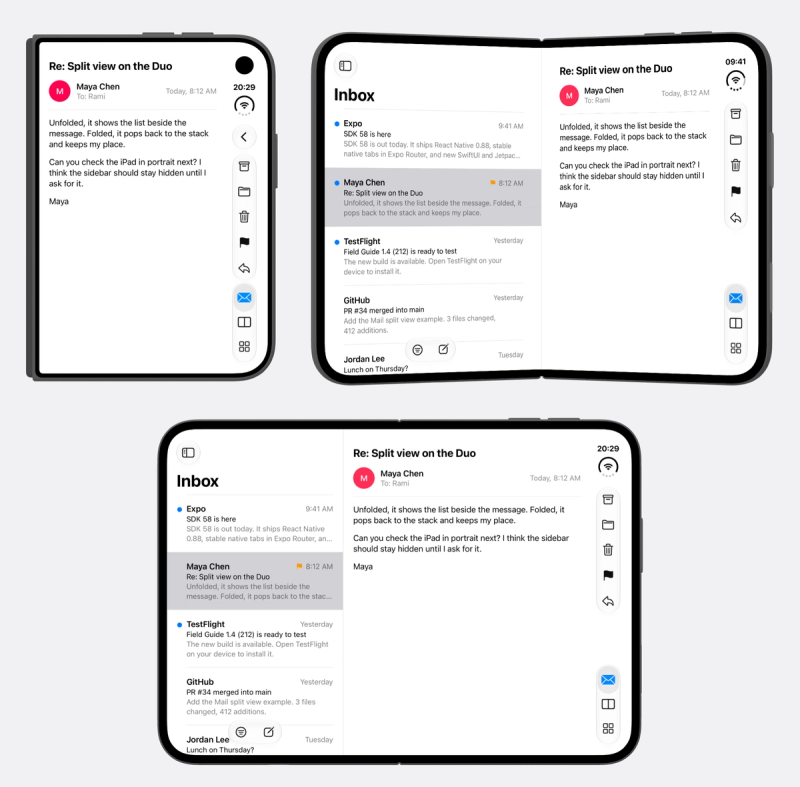 A mail app on iPhone Duo folded, partially open, and open. Folded, the open message fills the display. Partially open, the mailboxes and inbox sit left of the fold and the message right of it. Open, the inbox and message sit side by side.