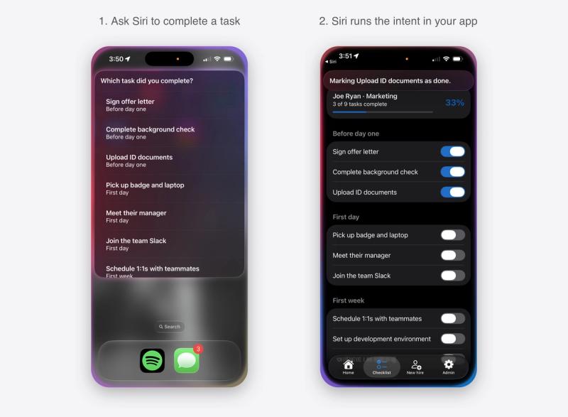 Two iPhone screenshots. On the left, Siri asks 'Which task did you complete?' and lists onboarding tasks from the app such as 'Sign offer letter' and 'Upload ID documents'. On the right, Siri says 'Marking Upload ID documents as done' above the app's checklist, where that task is now checked.