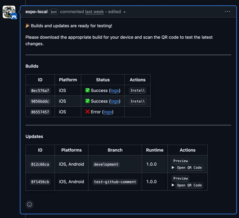 GitHub comment with build and update details