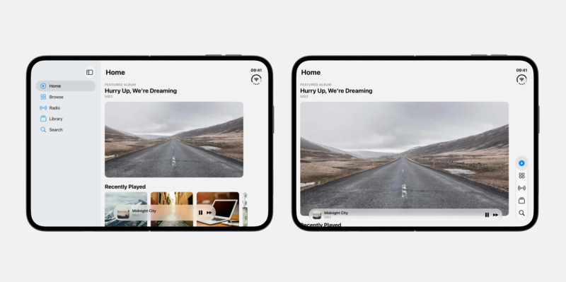 A music app on the open iPhone Duo in landscape, twice. On the left, the five tabs run down a sidebar on the left of the display, with a button above them to hide it. On the right, the same tabs stack in a vertical rail on the right edge, under the clock.