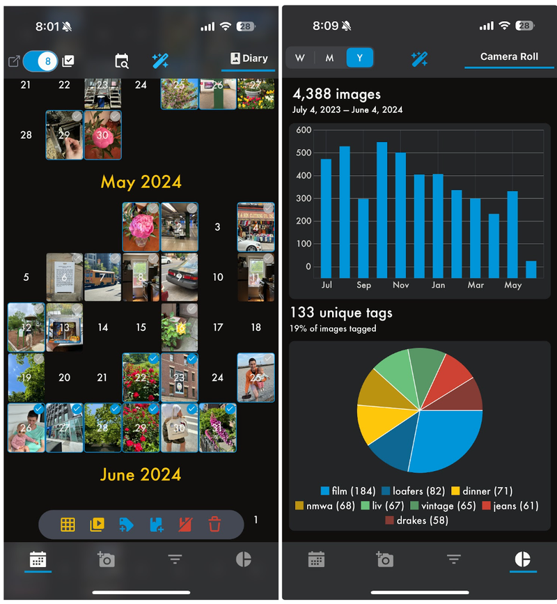 phomo app calendar and stats screens