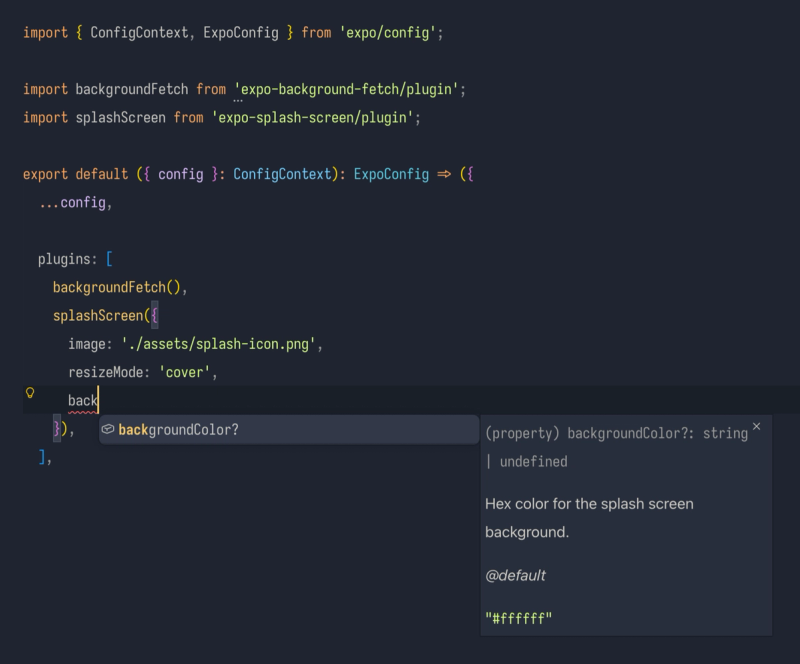 Autocomplete and JSDoc for an Expo config plugin's options inside app.config.ts