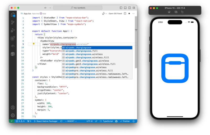 Autocompletion with expo-symbols