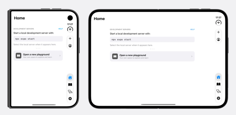 Two screenshots of the Expo Go Home tab on iPhone Duo. On the left, the folded outer display. On the right, the open inner display, where the content is a centered column. On both, the Enter URL and account buttons and the tab bar sit in the system's vertical bar on the right edge.