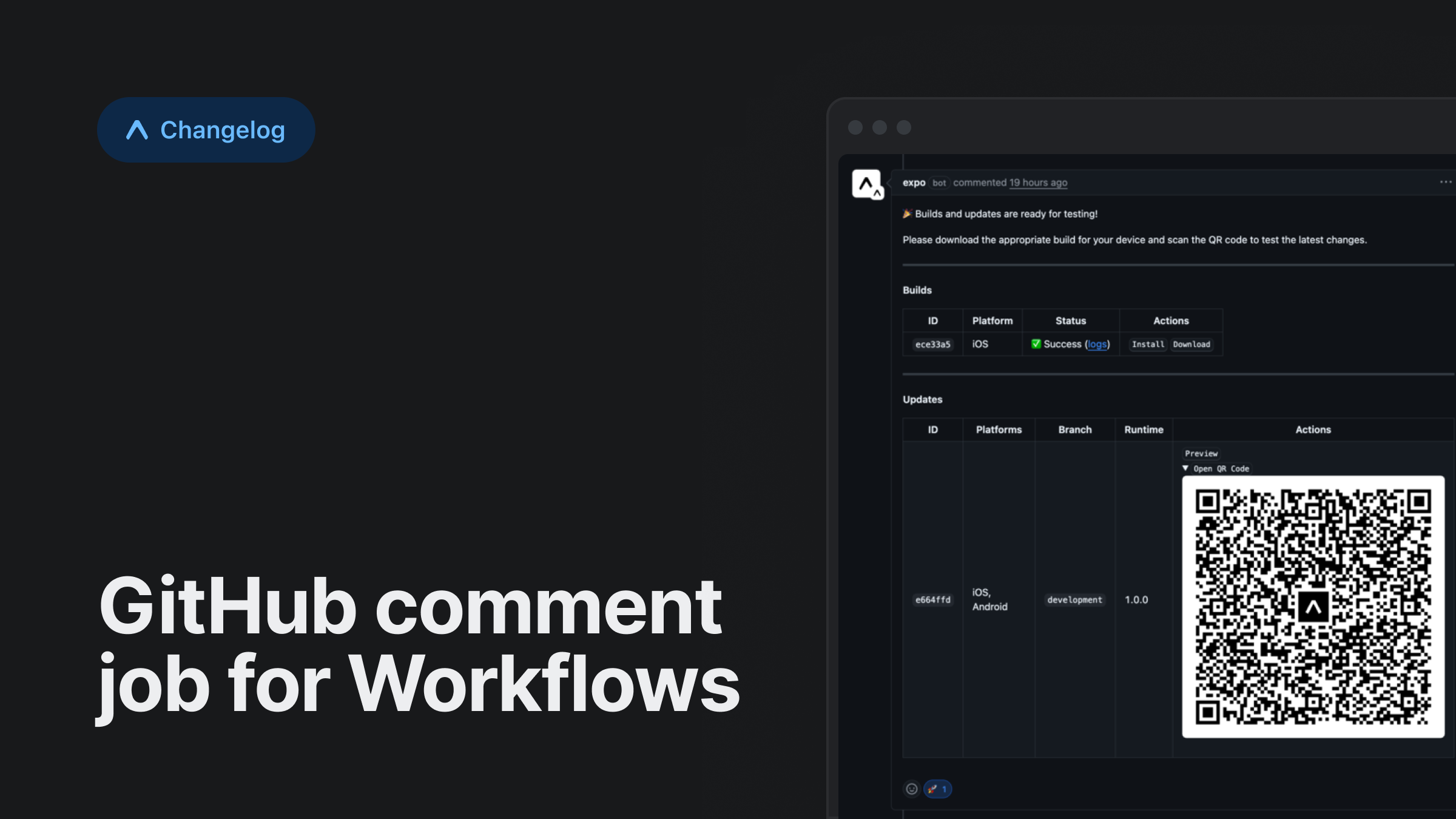 GitHub comment job type for Workflows - Expo Changelog
