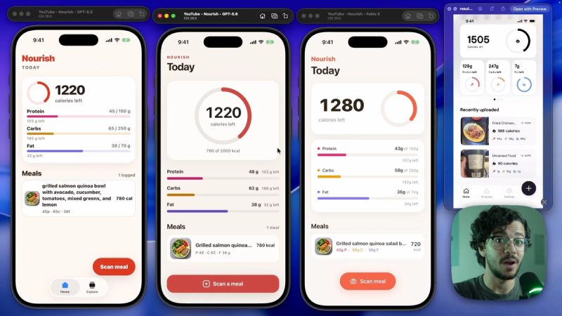 AI calorie tracker apps built by GPT-5.5, GPT-5.6 Sol, and Fable 5 running side by side on iPhone simulators