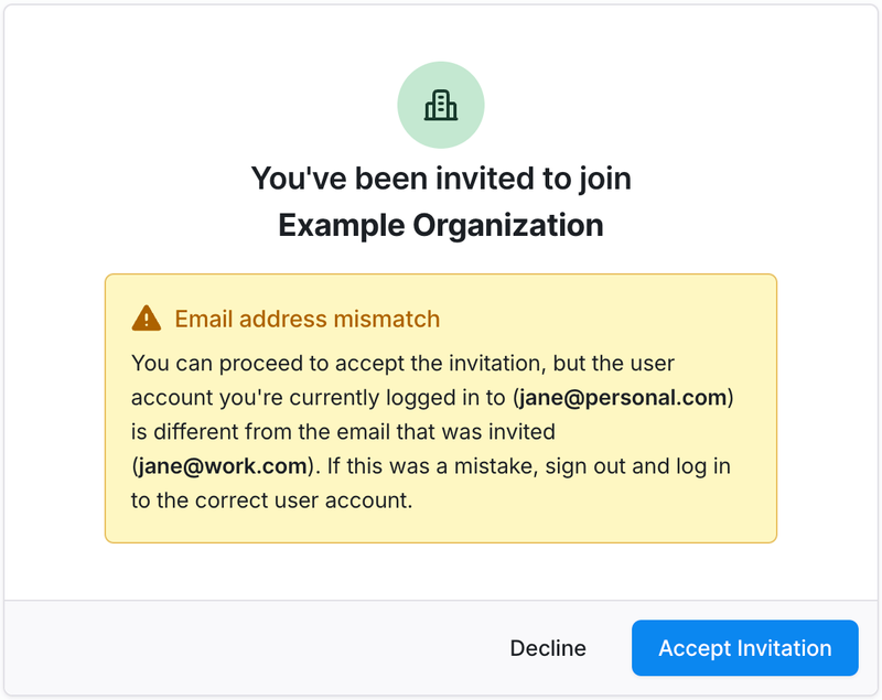 Organization invitation with an email mismatch screenshot