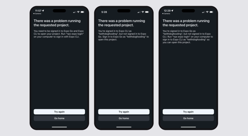 login errors from Expo Go
