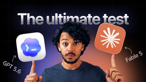 Rami pointing at the Codex and Claude app icons, labeled GPT 5.6 and Fable 5, above the words The ultimate test