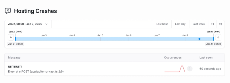 The Hosting crashes view shows categorized information about uncaught runtime exceptions.