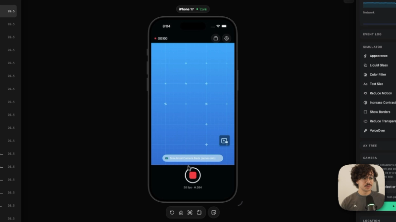 Recording in progress in OpenMulticam on the cloud simulator, with the timer running