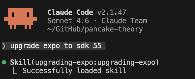 Claude prompt showing usage of Expo upgrade skill