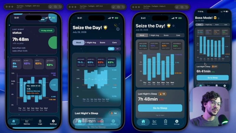 The original SwiftUI Twilight sleep tracker next to its three Expo rewrites