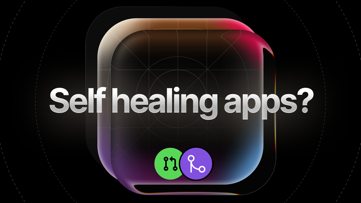 Self healing apps? text over a layered app icon on a dark background