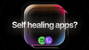 Self healing apps? text over a layered app icon on a dark background
