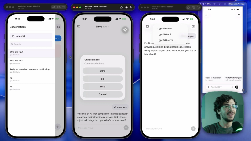 ChatGPT clone built with Expo by three AI models; Fable 5's version uses the native iOS sidebar and header buttons