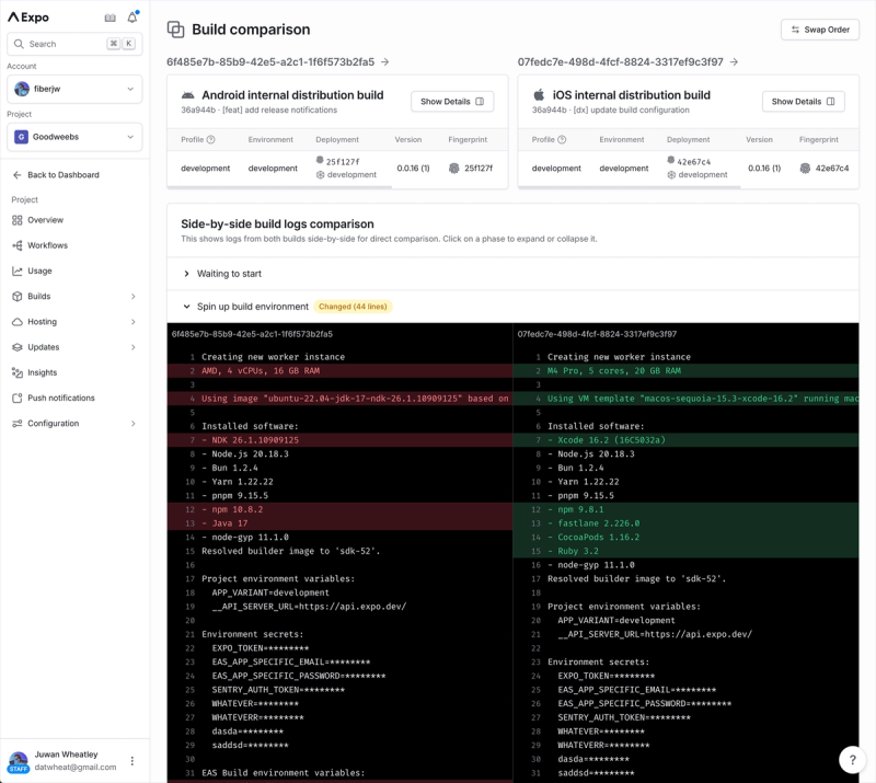 A screenshot of the new build comparison UI.