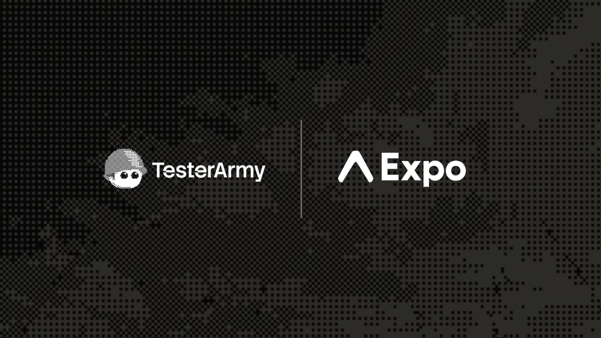 TesterArmy and Expo logos side by side on a dark pixel background