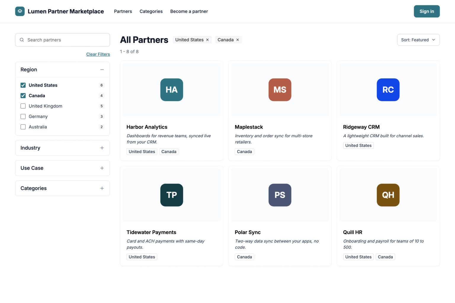 Partner marketplace with United States and Canada selected under Region, showing eight listings that match either country.