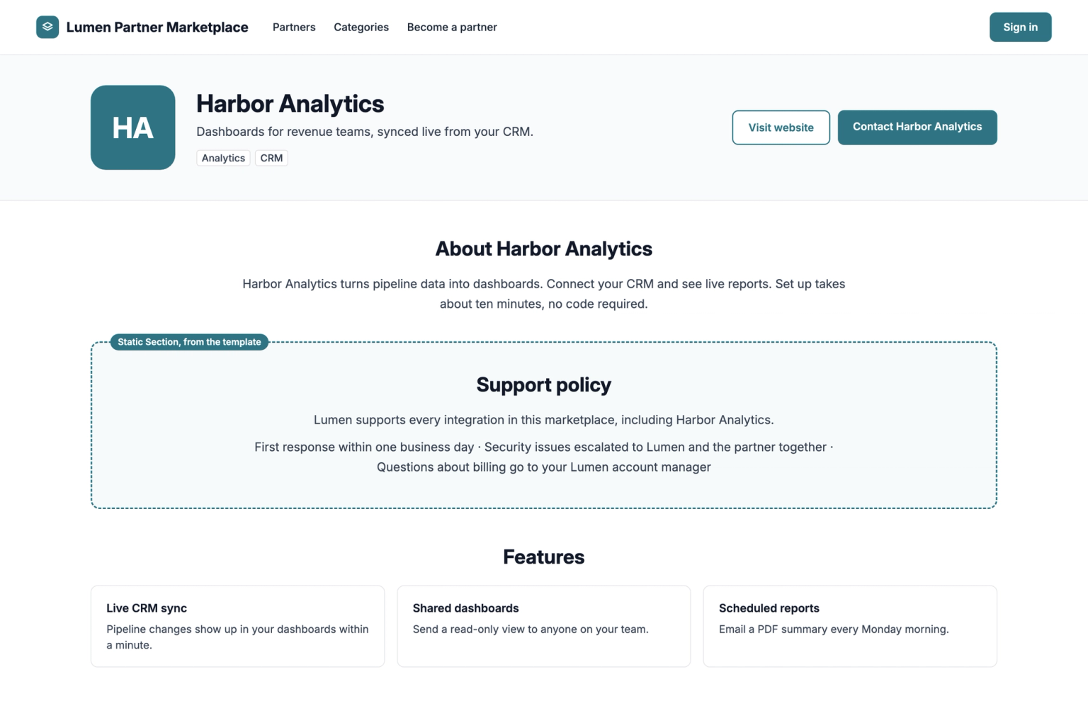 Partner listing page showing a support policy section added from the template, below the partner’s own description.