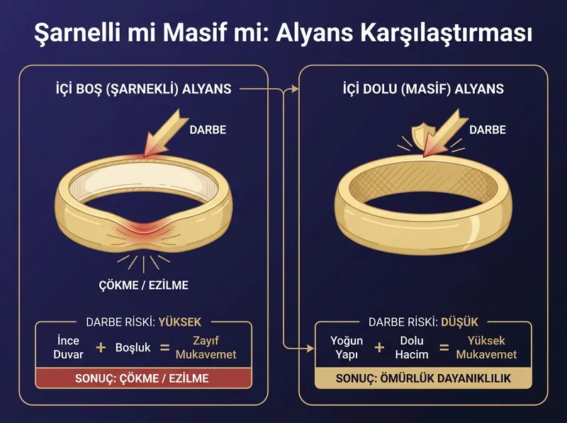 İçi boş (şarnelli) alyans kesiti ile içi dolu (masif) alyans kesiti. Şarnelli alyanslarda darbe sonucu oluşan çökme/ezilme riski, masif yapıdaki ömürlük mukavemet.