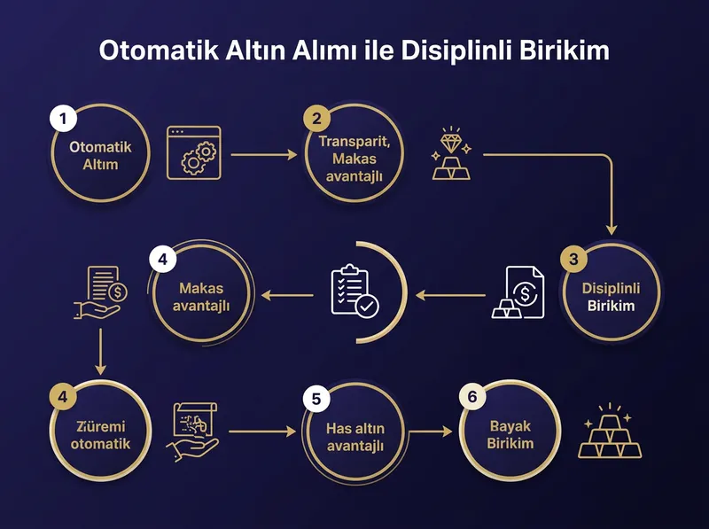 Pars Global Gold platformunda 995 saflıkta has altın alımı ve fiziki teslimat seçeneklerini özetleyen adım adım işlem akışı.