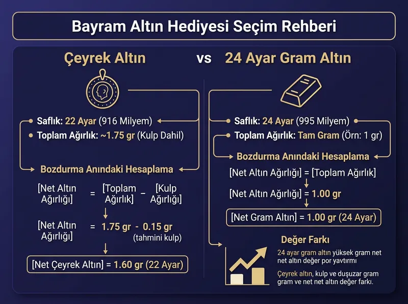Çeyrek ve 24 ayar gram altın arasındaki milyem ve kulp ağırlığı farkını açıklayan karşılaştırma şeması.