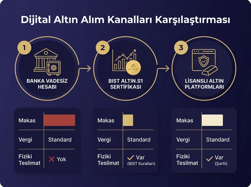 Farklı dijital altın alım kanallarının özelliklerini ve farklarını karşılaştıran rehber infografik.