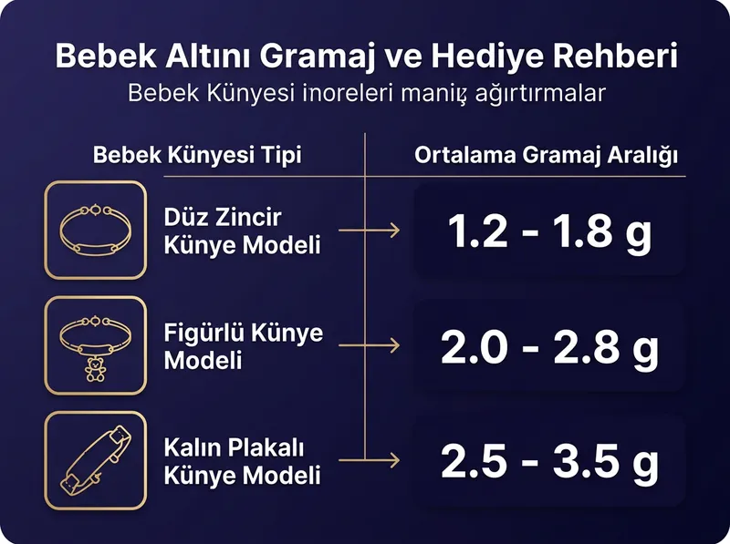 Farklı bebek künyesi modellerinin gramaj dağılımını gösteren detaylı şema.