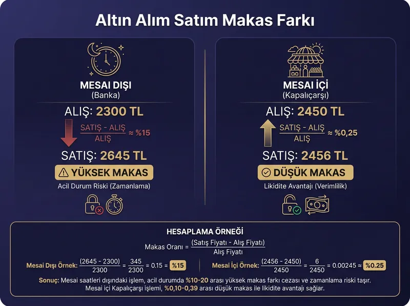 Mesai saatleri dışındaki yüksek makas aralığı cezasını ve zamanlama riskini gösteren grafik.