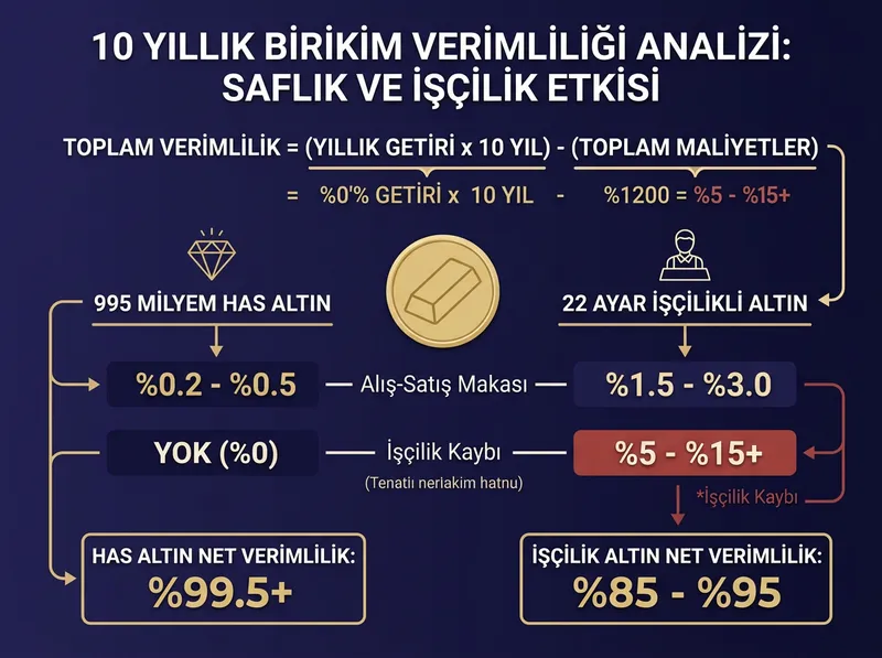 Milyem saflığı ve işçilik maliyetlerinin 10 yıllık uzun vadeli birikim üzerindeki kümülatif etkisini gösteren analiz infografiği.