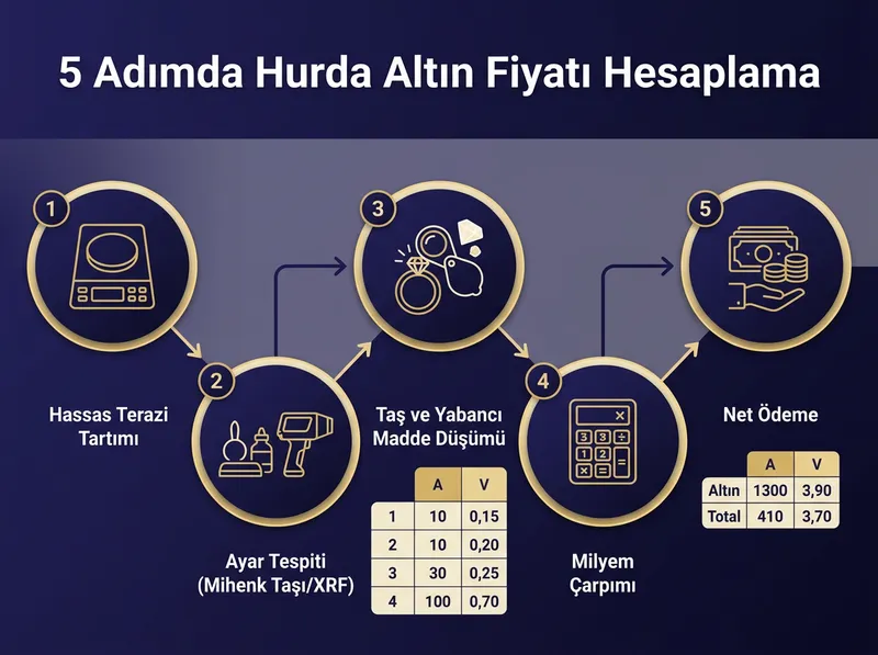 Kuyumcuda gerçekleşen 5 adımlı hurda altın değerleme ve ekspertiz sürecini gösteren bilgi grafiği.