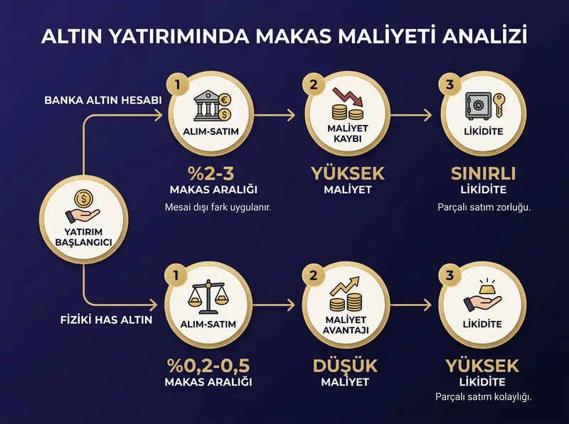 Altın alım-satımındaki banka makas aralığı kaybı ile fiziki has altın arasındaki farkı gösteren şematik grafik.