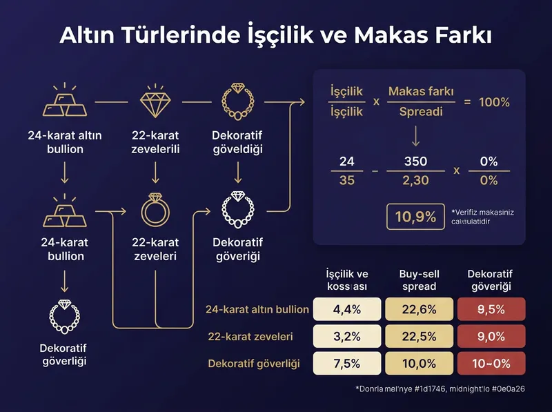 Farklı altın türlerindeki işçilik payının bozdurma sırasındaki değer kaybına etkisini gösteren infografik.