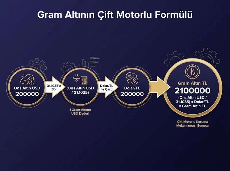 Gram altın fiyatının hesaplanmasında Dolar/TL ve Ons etkisini açıklayan matematiksel akış şeması.
