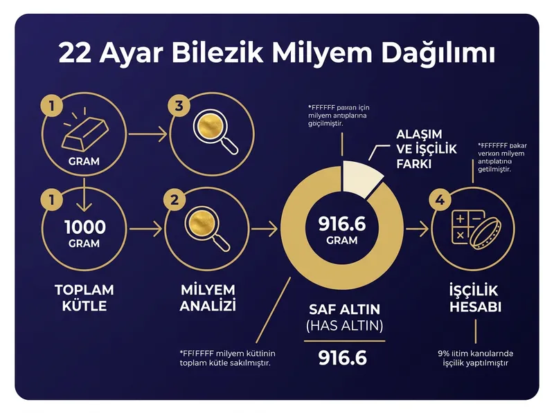 22 ayar bileziklerde 916 milyem (0.916) saflık oranı ve has altın dönüşüm formülünü açıklayan infografik.