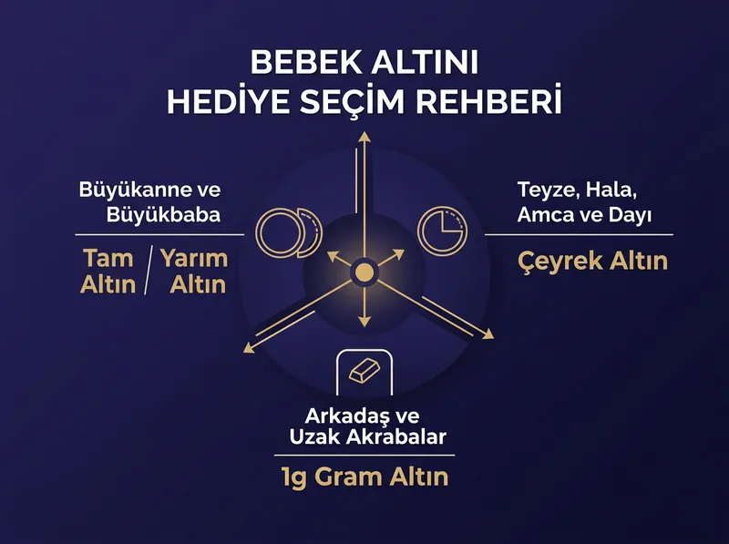 Akrabalık yakınlığına göre geleneksel ve bütçe dostu bebek altını hediye tercihleri şeması.