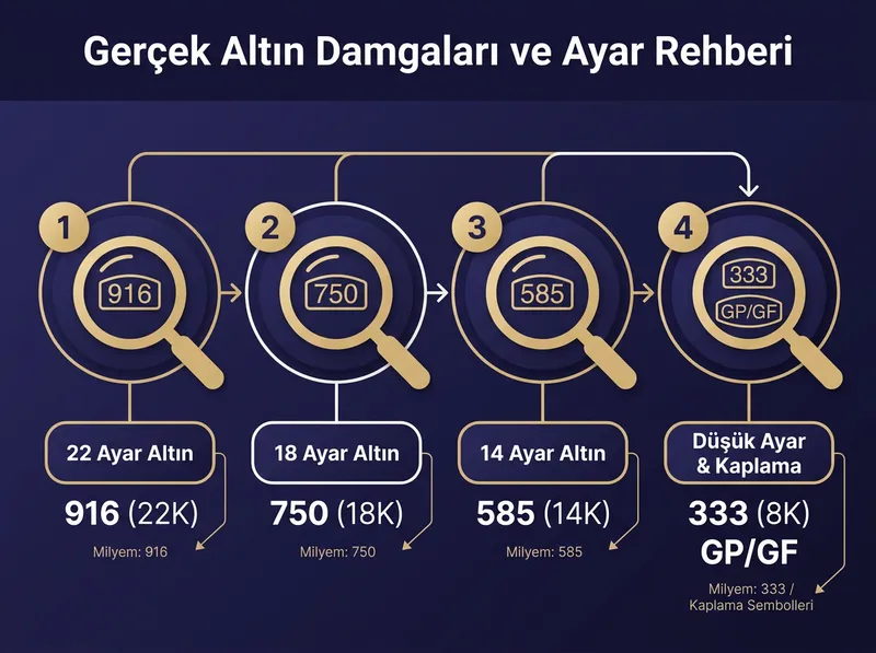 Altın ziynet eşyaları üzerindeki milyem ve ayar damgalarının anlamını açıklayan rehber görsel.