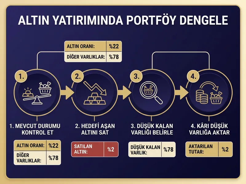 Adım adım akış: Portföyde altın oranı %20'yi aştığında kâr satışı -> rebalancing -> düşük kalan varlığa aktarım döngüsü.