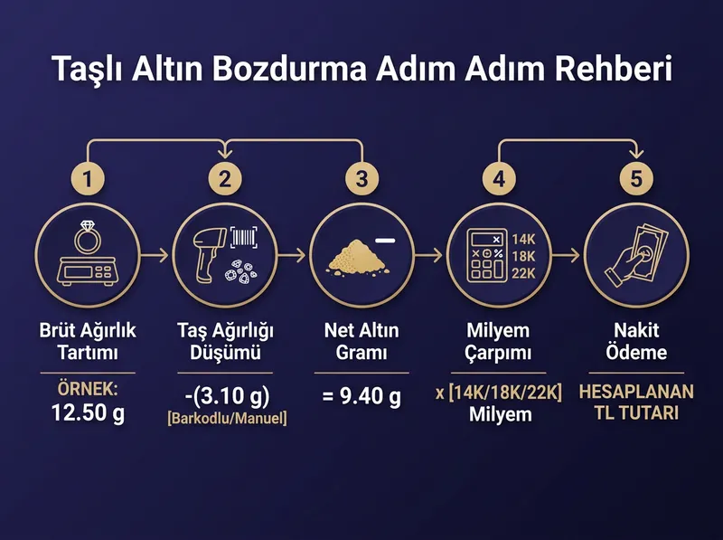 Kuyumcuda taşlı altın bozdurma adım adım akış ve hesaplama süreci.