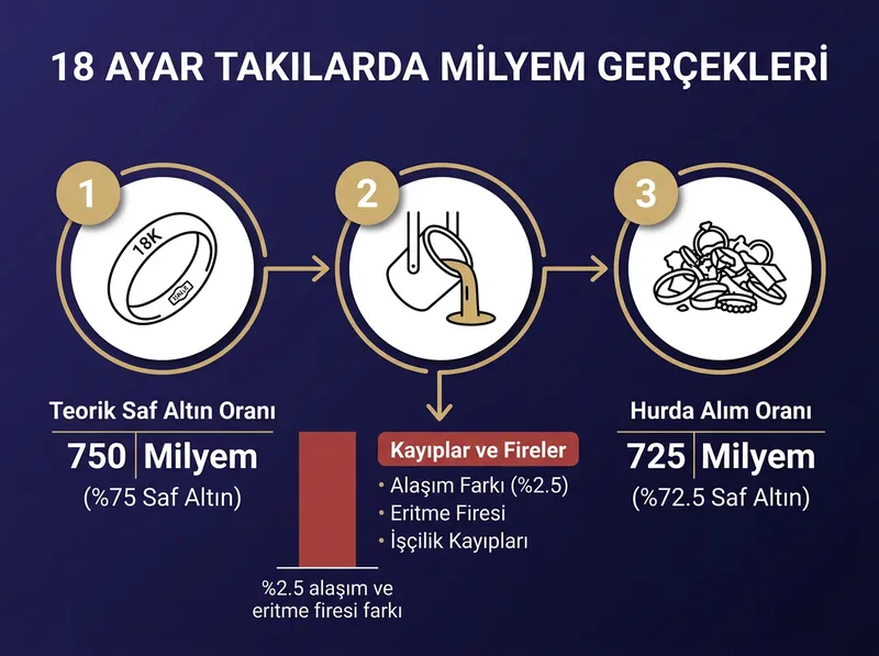 18 ayar takıların teorik ve pratik milyem değerleri arasındaki farkı gösteren infografik.