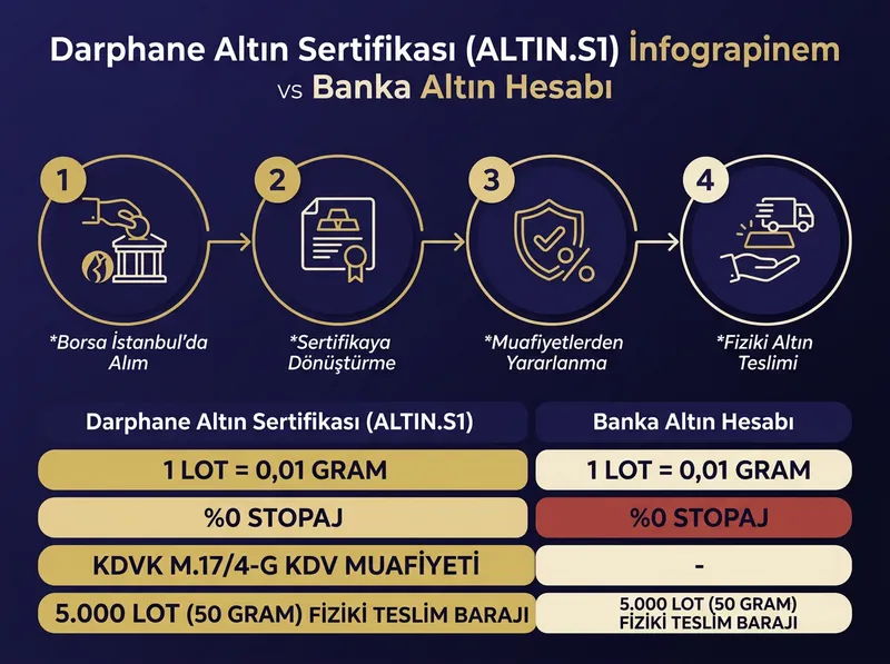 ALTIN.S1 sertifikasının işlem mantığı, vergi muafiyeti ve fiziki teslim şartlarının özeti.