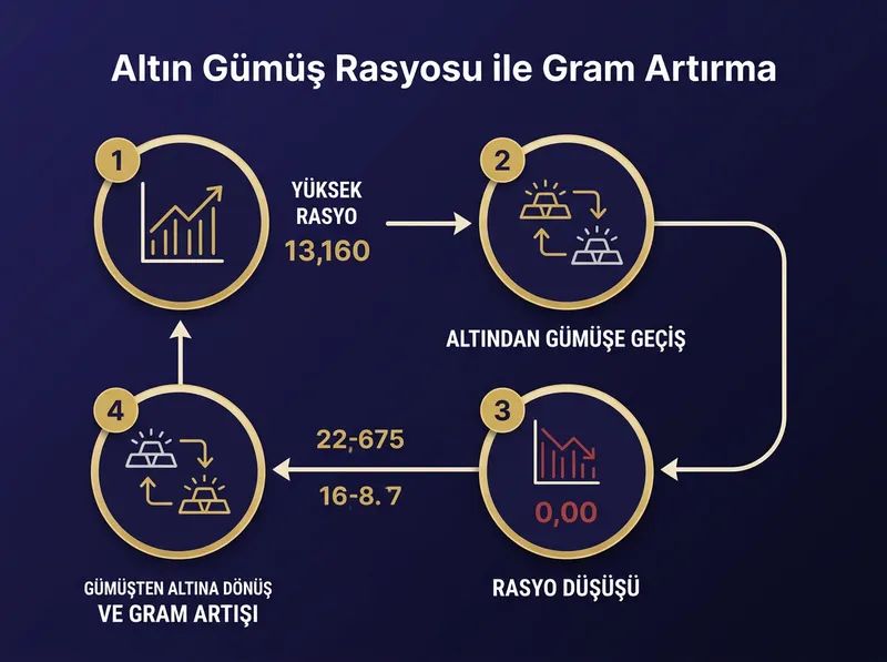 Altın ile gümüş arasındaki geçiş (switching) stratejisinin adım adım işlem akışı.