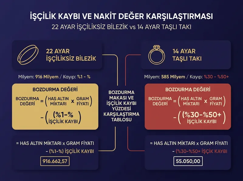 Düğün takılarında işçilik kaybı oranları ve nakit değer dönüşümü.