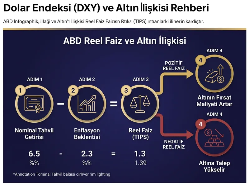 Reel faiz (TIPS) ile ons altın arasındaki fırsat maliyeti ilişkisini ve matematiksel formülü açıklayan görsel rehber.