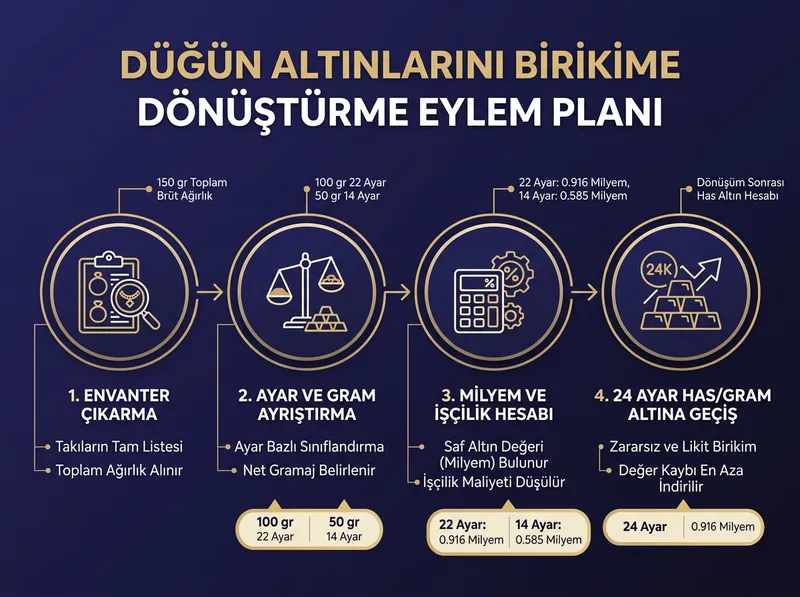 Adım adım düğün altını dönüştürme akışı: Envanter çıkarma -> Ayar ve gram ayrıştırma -> Milyem ve işçilik hesabı -> 24 Ayar Has/Gram Altına Geçiş.