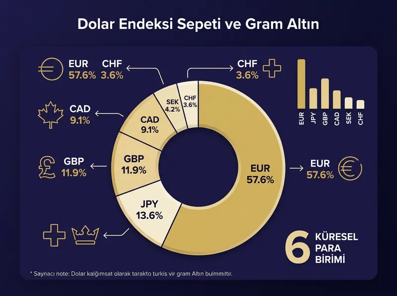 DXY sepetini oluşturan altı temel para birimi ve sepet içindeki ağırlık oranlarını gösteren eğitici diyagram.