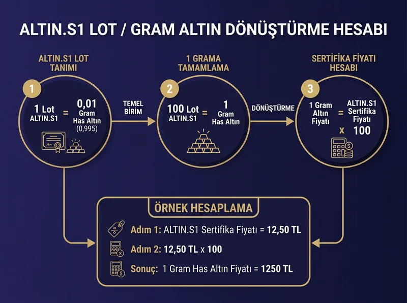 ALTIN.S1 lot ve gram altın dönüştürme hesabının grafiksel özeti.